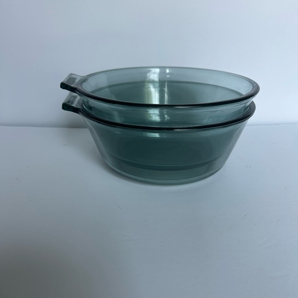 Set of Two Vintage PYREX saucepans (early 1940’s) light blue tint
